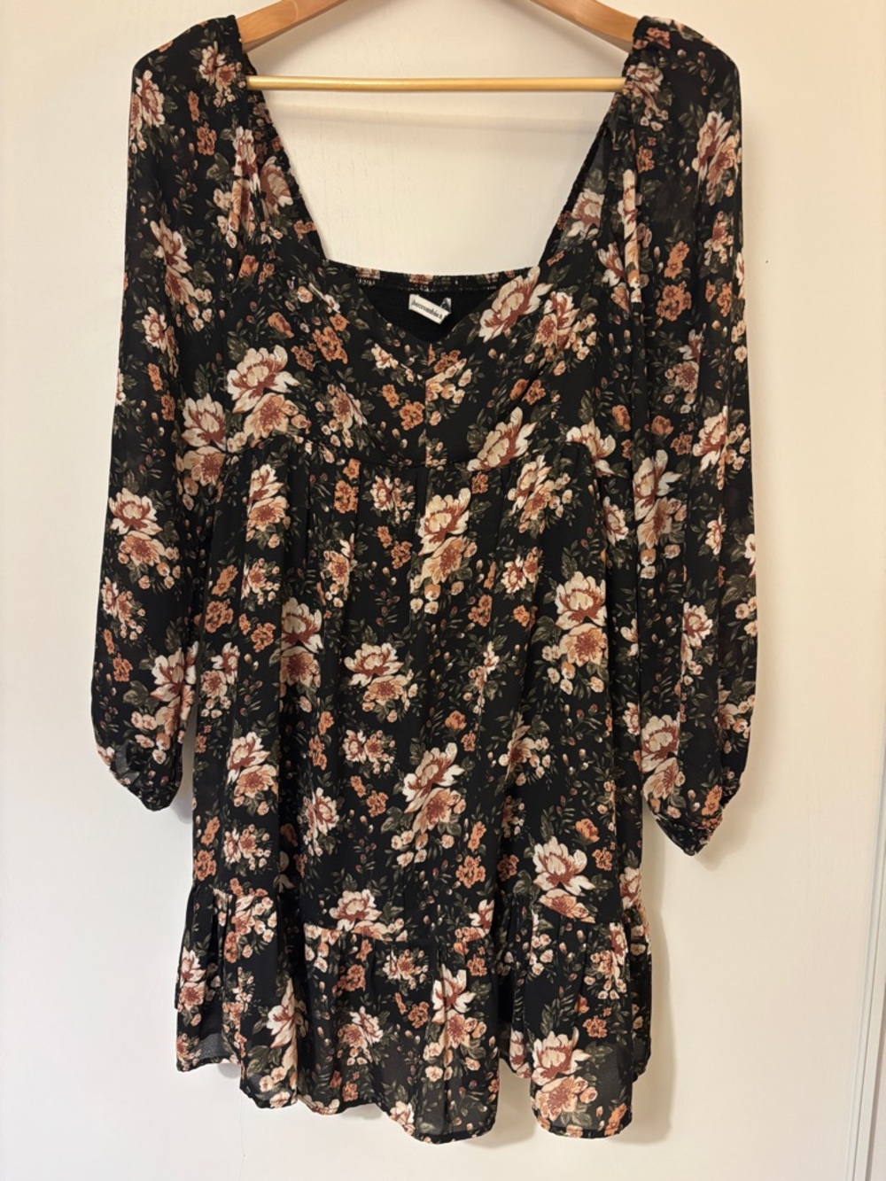 Abercrombie & Fitch Black Floral Dress Babydoll Mini Size Medium Long Sleeve Y2K - Picture 5 of 13